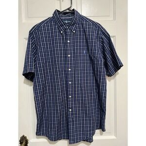 Mens Short Sleeve Button Down Ralph Lauren Blue Plaid Size Large